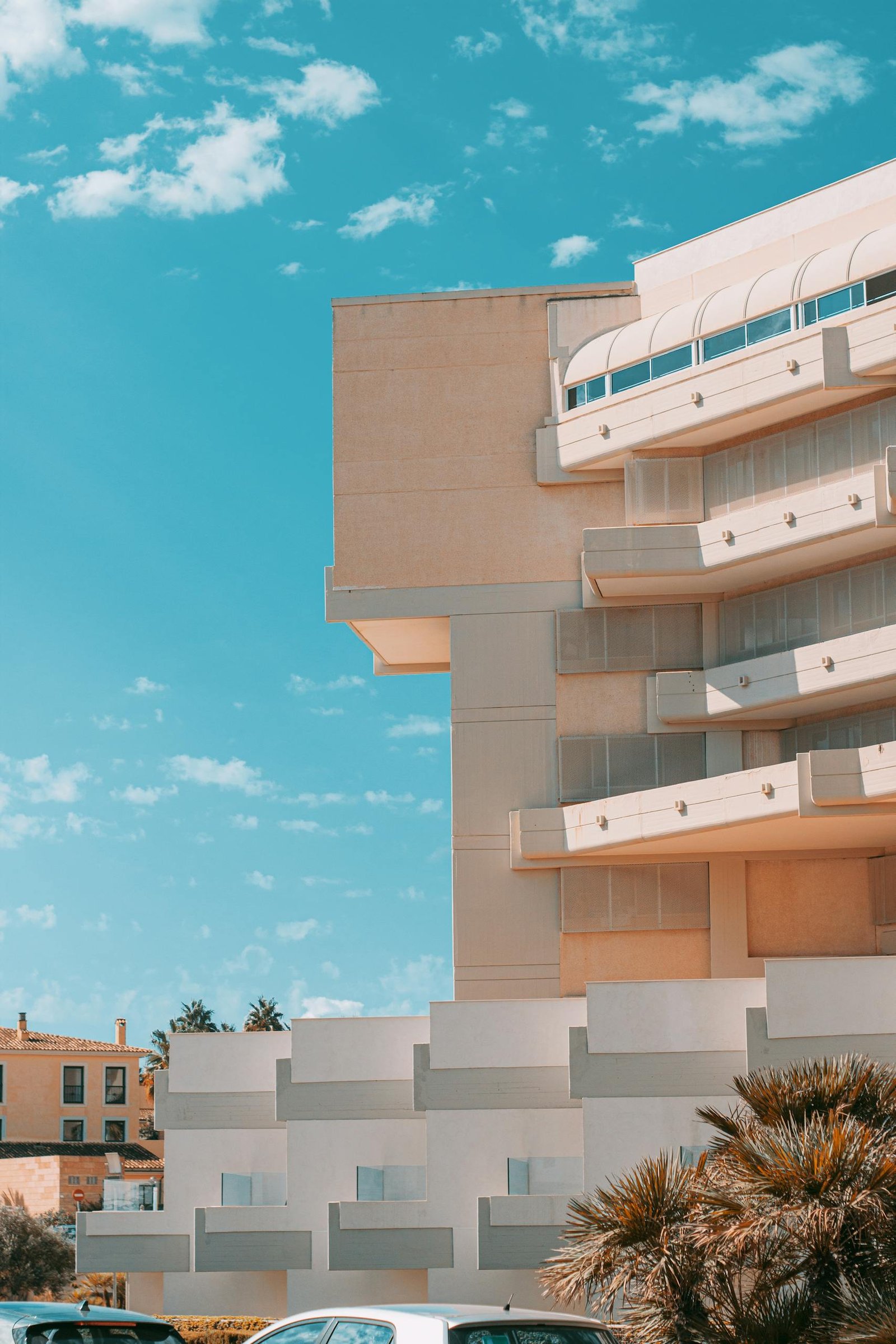 Contemporary building with clear skies in Palma de Mallorca, Spain.